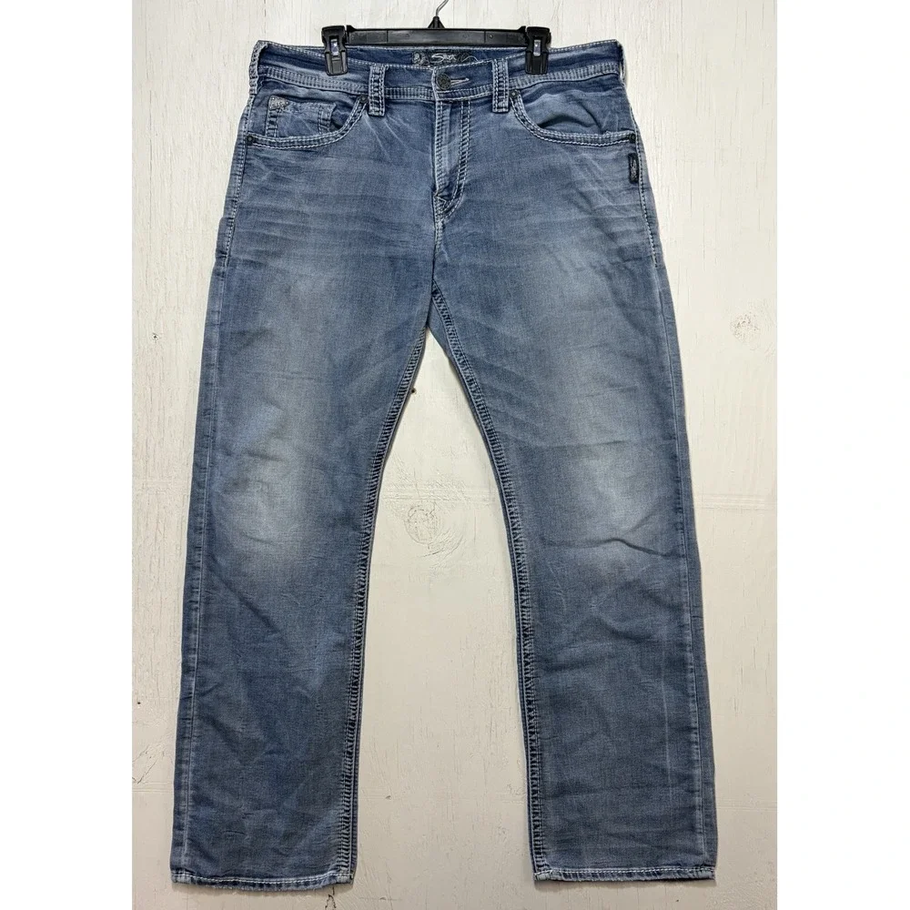 Mens SILVER ZAC Jeans Blue Cotton Blend Stretch Denim Pants Size 36x34